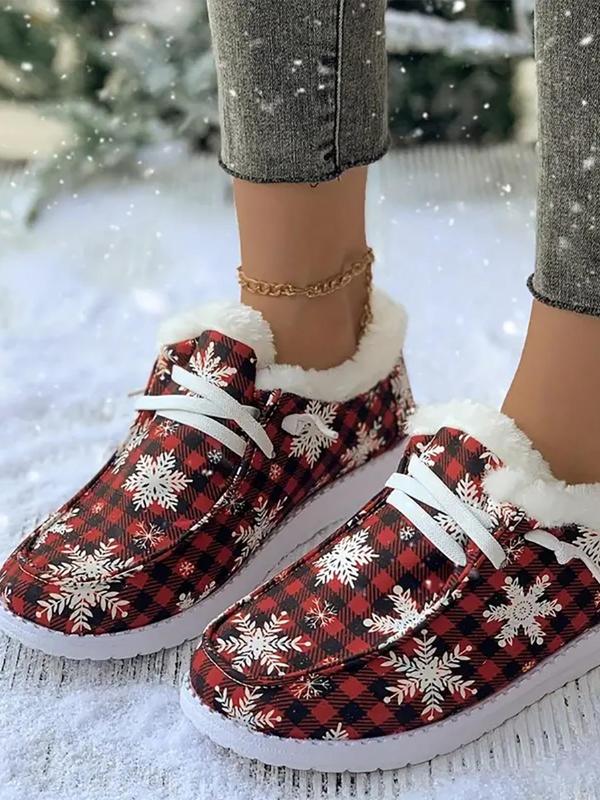 Women's Christmas Themed Lace Up Plush Lined Sneakers, Casual Comfortable Soft Sole Shoes for Fall & Winter, Female All-match Round Toe Shoes for Daily Wear