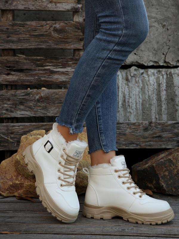 Women's Solid Color Lace Up Mid Top Platform Sneakers, 2024 New Style Casual Comfortable Warm Boots for Fall & Winter, Female All-match Round Toe Shoes for Daily Wear