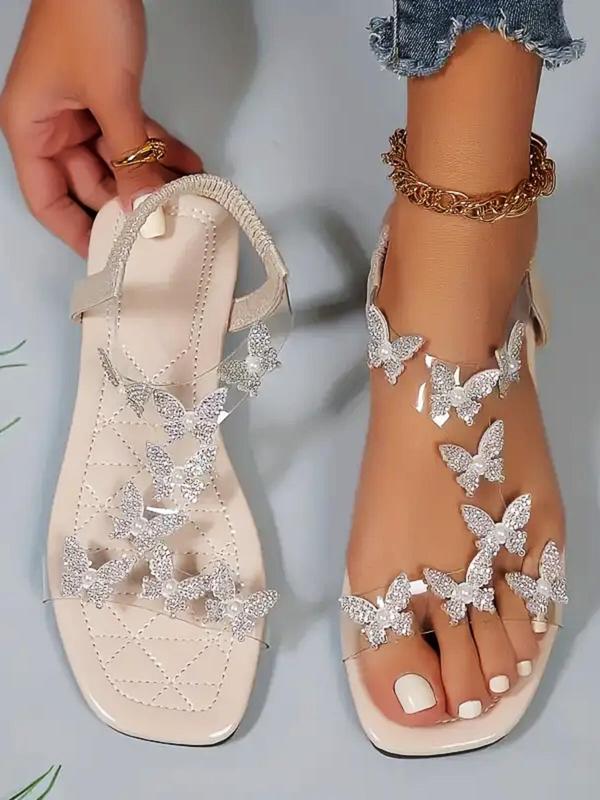 Women's Butterfly Design Rhinestone & Faux Pearl Decorated Slip on Square Toe Sandals for Summer Beach Vacation, Designer Breathable Shoes