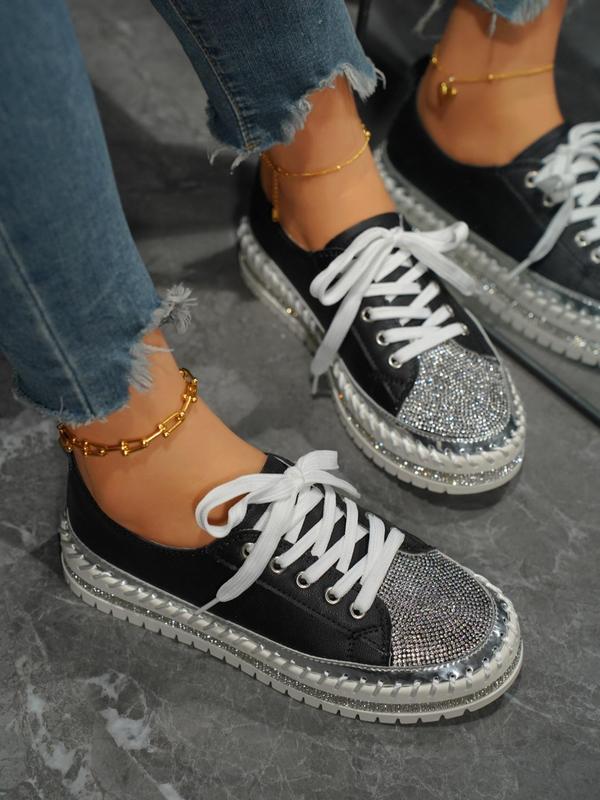 Women's Fashionable Rhinestone Decor Lace Up Platform Sneakers, Casual Comfortable Sports Shoes for Daily Wear, Female All-match Round Toe Shoes for Daily Wear