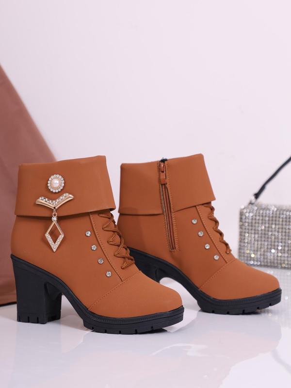 Women's Fashionable Rhinestone & Faux Pearl Decorated Boots, Elegant Zipper Design Ankle Boots for Daily Wear, Female All-match Trend Shoes for Fall & Winter