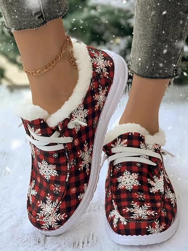 Women's Christmas Themed Lace Up Plush Lined Sneakers, Casual Comfortable Soft Sole Shoes for Fall & Winter, Female All-match Round Toe Shoes for Daily Wear