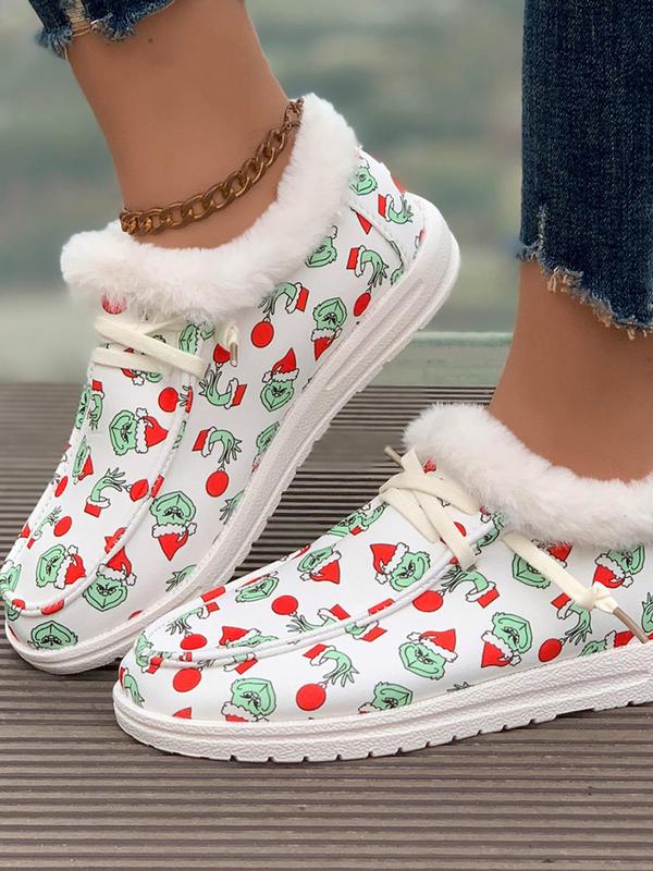 Women's Christmas Themed Lace Up Plush Lined Sneakers, Casual Comfortable Soft Sole Shoes for Fall & Winter, Female All-match Round Toe Shoes for Daily Wear