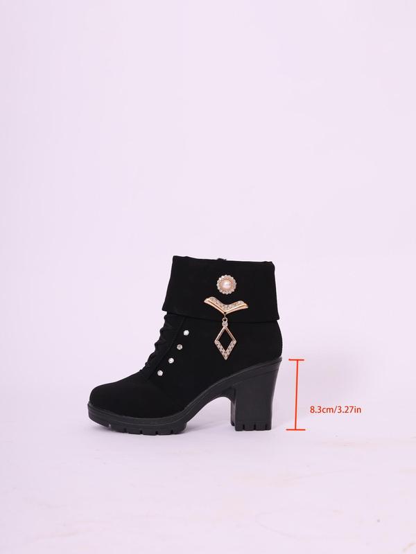 Women's Fashionable Rhinestone & Faux Pearl Decorated Boots, Elegant Zipper Design Ankle Boots for Daily Wear, Female All-match Trend Shoes for Fall & Winter