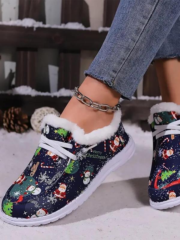 Women's Christmas Themed Lace Up Plush Lined Sneakers, Casual Comfortable Soft Sole Shoes for Fall & Winter, Female All-match Round Toe Shoes for Daily Wear