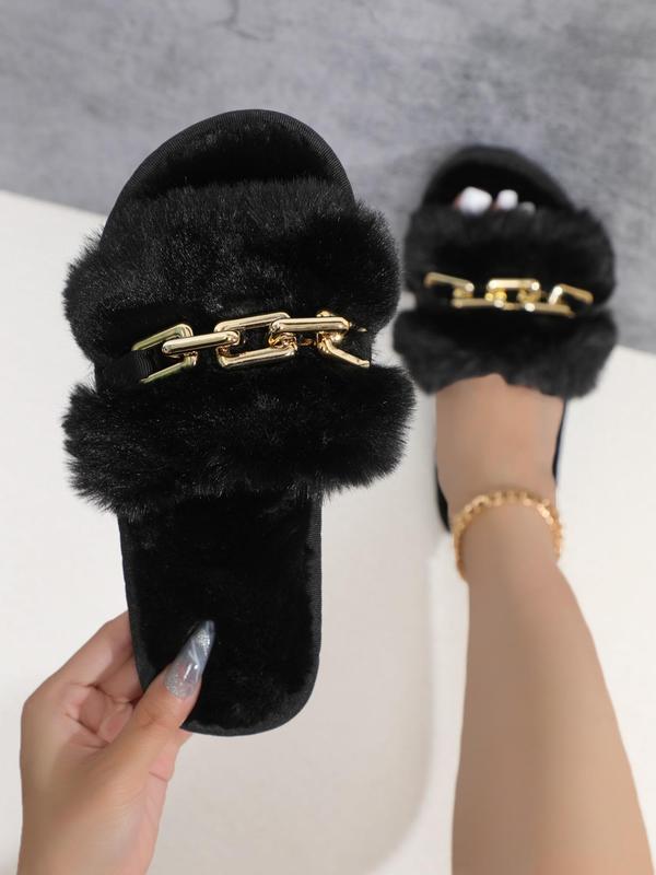 Women's Summer Fashion Elegant Chain Trim Faux Fur Soft Comfort Slippers, 2024 Trendy Versatile Simple Plain Color Home Sandals, Girl Cute Plush Fuzzy Cozy Slip on House Slippers, Summer Footwear Walking Shoes