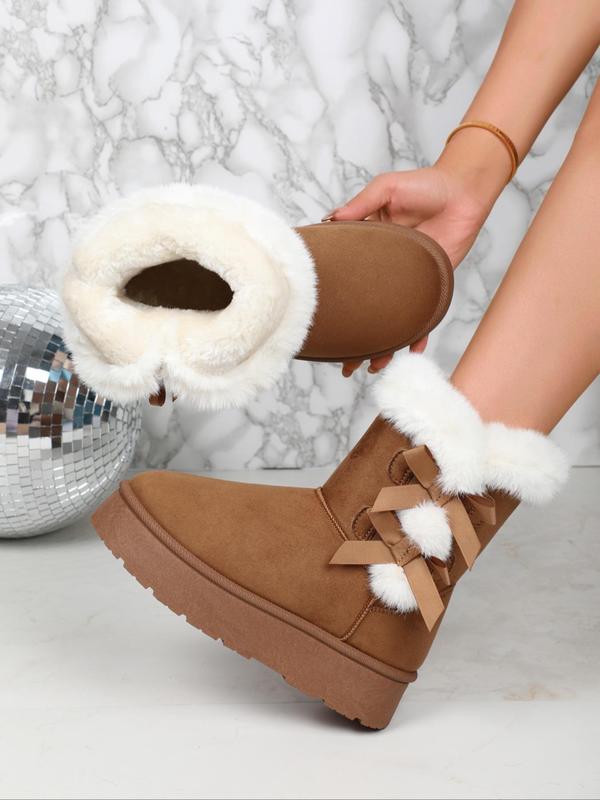 Women's Bow Decorated Plush Snow Boots, Casual Warm Fluffy Ankle Boots for Winter, Female All-match Round Toe Shoes for Daily Wear