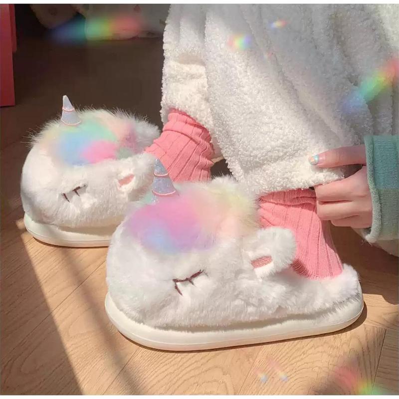 Creative cute girly heart colorful unicorn furry shoes soft sole non-slip women's winter fashion home