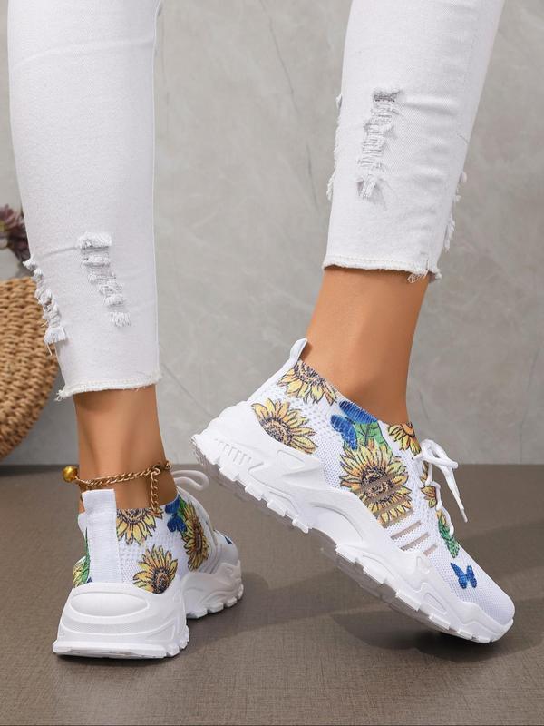 Women's Fashionable Sunflower Pattern Lace Up Low Top Sneakers, Casual Comfortable Breathable Sports Running Shoes, All-match Basic Shoes for Daily Wear