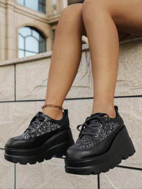 Women's Fashionable Contrast Sequin Decor Lace Up Platform Shoes, Punk Style Wedge Shoes for Daily Life, Trendy All-match Y2k Flatform Shoes for Party