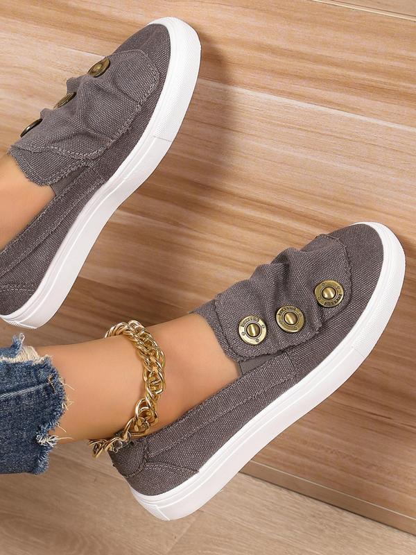 Women's Fashion Plain Color Lace Up Low Top Flats Shoes, Casual Comfort Buttons Decor Round Toe Lazy Walking Shoes for Daily Wear, Female All-match Basic Shoes