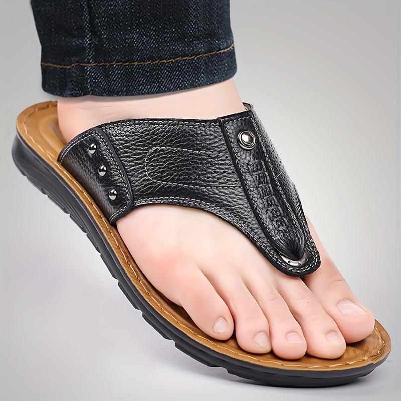 Men's Imitation Leather Sports Sandals and Slippers-Slide-on Solid Color Casual Shoes, Pu Liner, No Insole and Durable Pu Sole-Men's Outdoor Comfortable Sandals