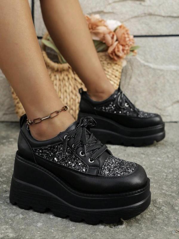 Women's Fashionable Contrast Sequin Decor Lace Up Platform Shoes, Punk Style Wedge Shoes for Daily Life, Trendy All-match Y2k Flatform Shoes for Party