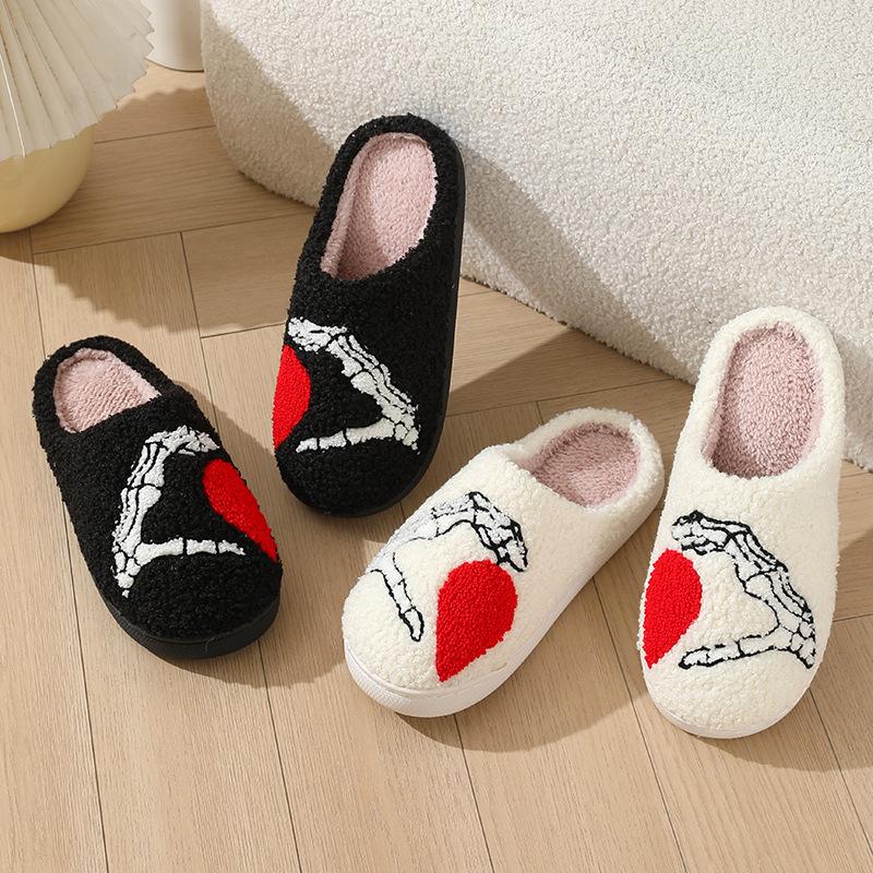 Halloween Skeleton Hand Cartoon Cotton Slippers for Couples, Warm Winter Footwear for Men and Women - Walking Shoes Girl Slide