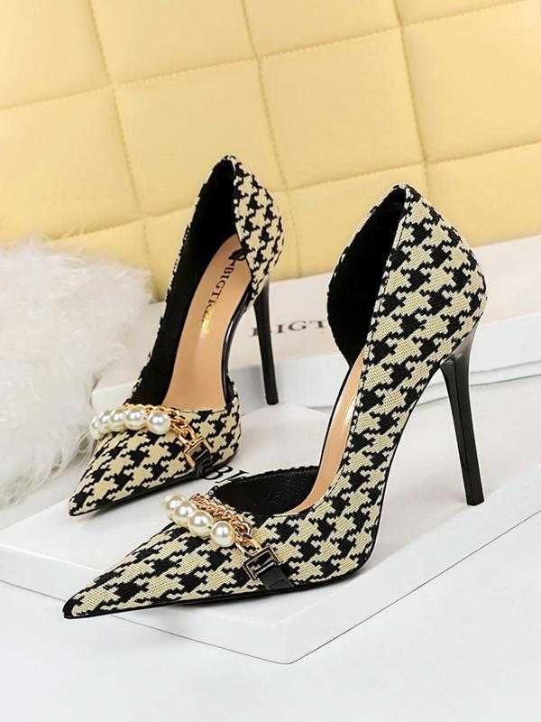 Women's Fashionable Houndstooth Pattern Pointed Toe High Heel Shoes, Elegant Slip on Shoes for Party, Daily Clothing Decor for Women & Girls