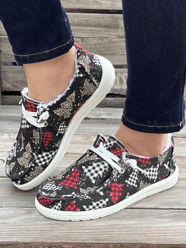 Women's Fashionable Plaid & Tree Print Lace Up Low Top Sneakers, Casual Comfortable Warm Sports Running Shoes for Fall & Winter, Female All-match Round Toe Shoes for Daily Wear