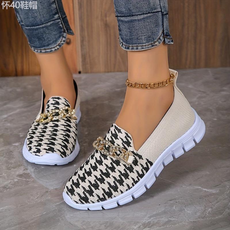 Women's Houndstooth Sock Shoes, Chain Decor Knitted Low Top Slip On Sneakers, Casual Breathable Walking Shoes Footwear Girl