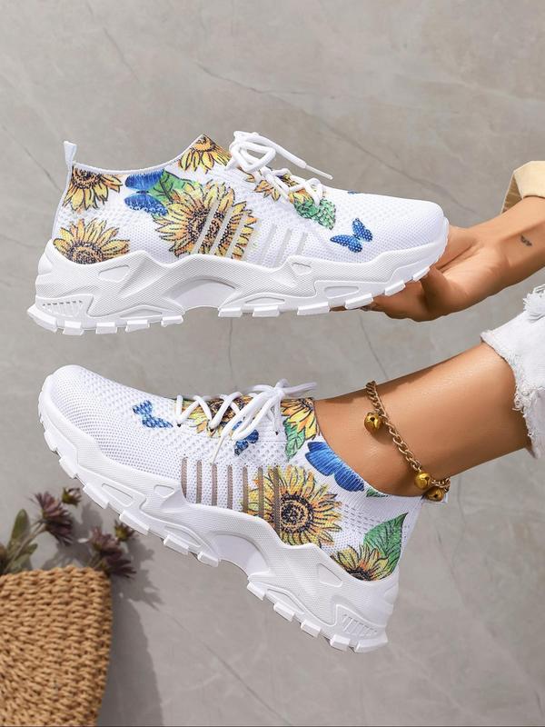 Women's Fashionable Sunflower Pattern Lace Up Low Top Sneakers, Casual Comfortable Breathable Sports Running Shoes, All-match Basic Shoes for Daily Wear