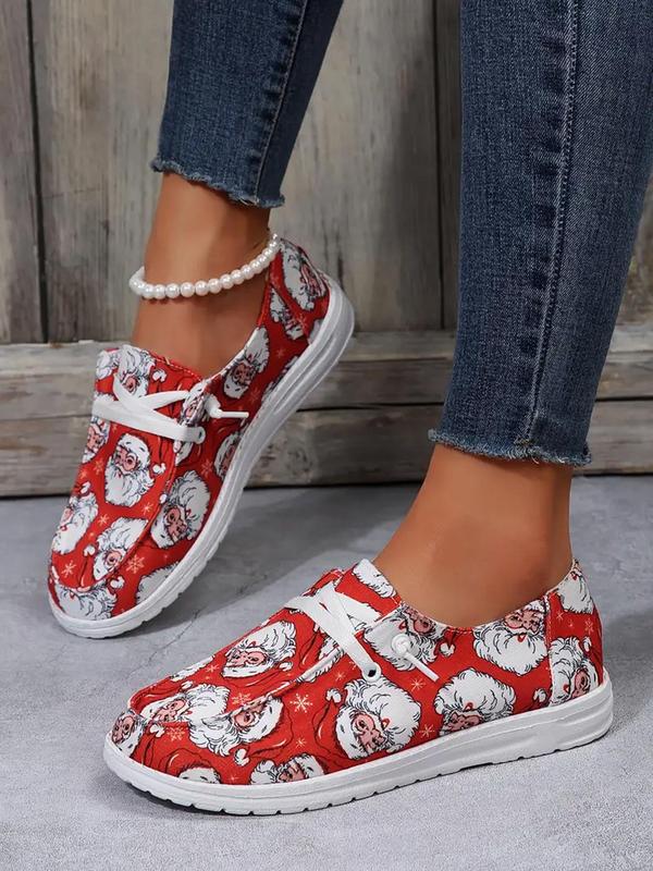 Women's Cartoon Santa Claus Print Lace Up Low Top Sneakers, Casual Comfortable Sports Shoes for Outdoor, Female All-match Round Toe Shoes for Daily Wear