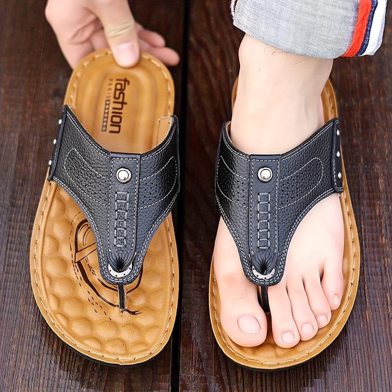 Men's Imitation Leather Sports Sandals and Slippers-Slide-on Solid Color Casual Shoes, Pu Liner, No Insole and Durable Pu Sole-Men's Outdoor Comfortable Sandals