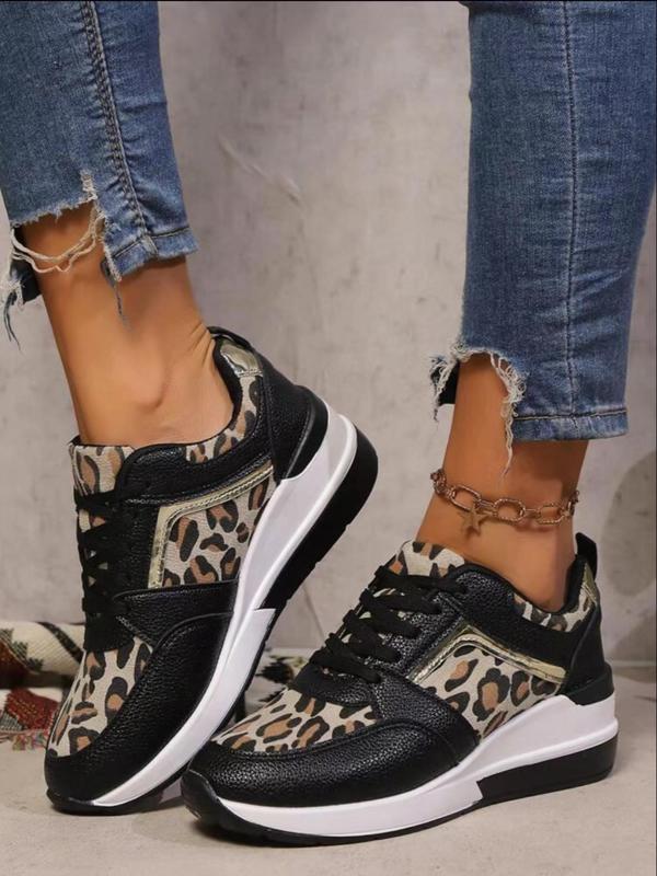 Women's Fashion Leopard Print Lace Up Low Top Sneakers, Casual Comfortable Sports Running Shoes, Female All-match Round Toe Shoes for Daily Wear