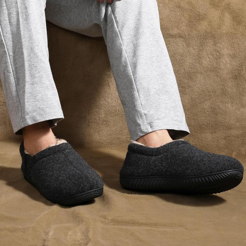 Men's fuzzy wool fleece slippers with cozy memory foam, indoor outdoor closed back house shoes with non-skid rubber sole hard bottom