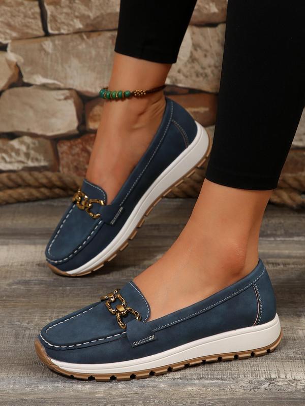 Women's Fashion Chain Decorated Low Top Round Toe Shoes, Fall Casual Slipon Walking Shoes for Girl, Comfortable Walking Shoes, Female Solid Loafer Shoes, Fall Outfits, Fall Freshness 2024 Fall Shoes