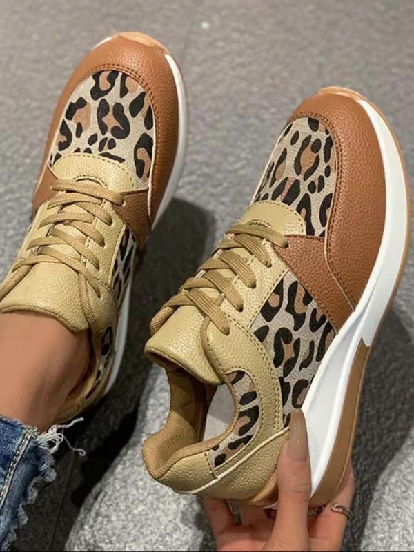 Women's Fashion Leopard Print Lace Up Low Top Sneakers, Casual Comfortable Sports Running Shoes, Female All-match Round Toe Shoes for Daily Wear