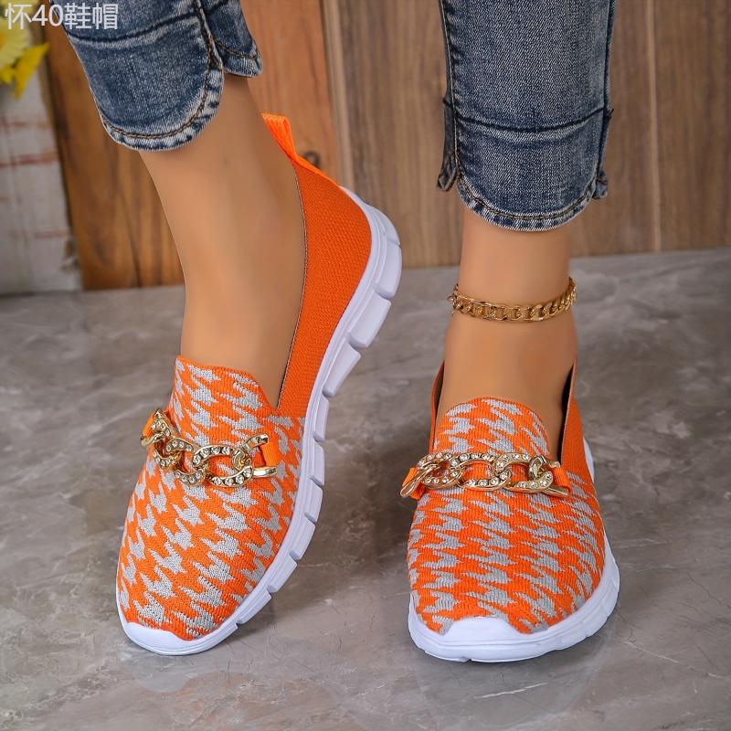 Women's Houndstooth Sock Shoes, Chain Decor Knitted Low Top Slip On Sneakers, Casual Breathable Walking Shoes Footwear Girl