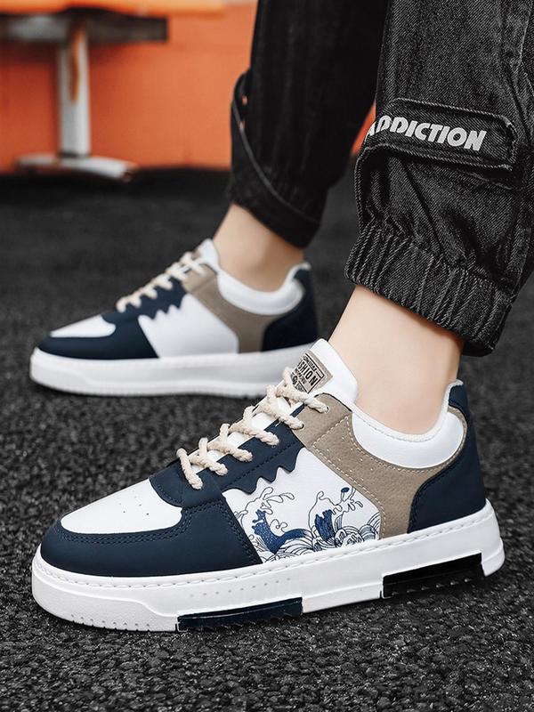 Sporty Men's Wave & Patchwork Print Patched Lace Up Skate Shoes, Fashionable Comfortable Breathable Sports Skateboarding Shoes, Male All-Match Round Toe Shoes for Daily Wear