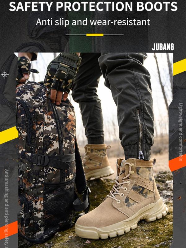 Camo Pattern Lace Up High Top Safety Boots for Men, Boots for Fall 2024, Outdoor Work Safety Walking Shoes, Comfort Non-slip Anti-smash Shoes for Men, Footwear