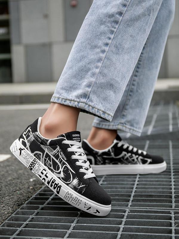 Men's Geometric Print Colorblock Skate Shoes, Lace Up Low Top Skate Shoes, Casual Comfortable Breathable Sneakers, Male All-match Round Toe Shoes for Daily Wear