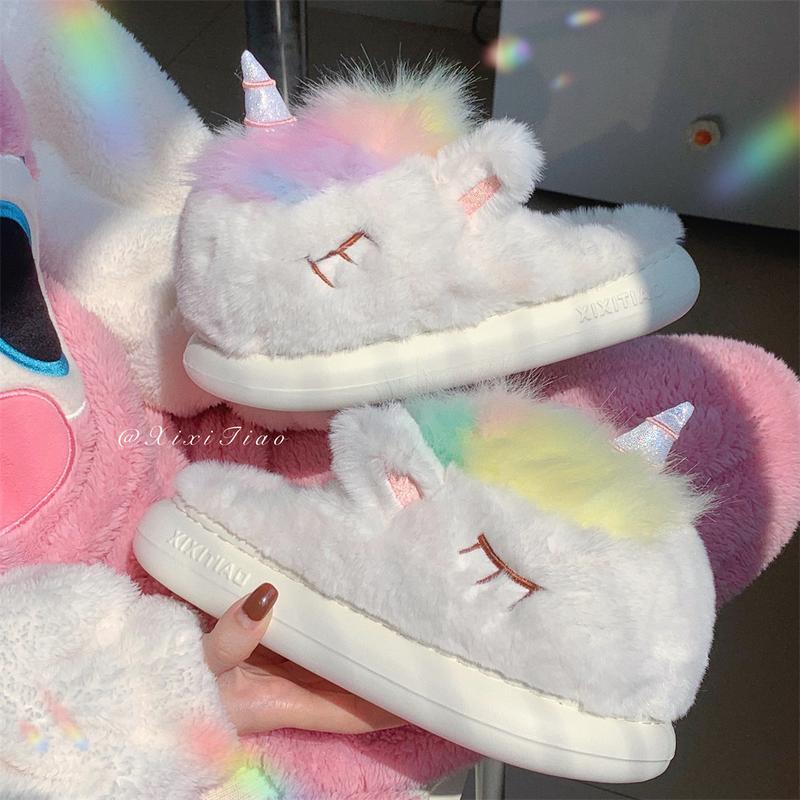 Creative cute girly heart colorful unicorn furry shoes soft sole non-slip women's winter fashion home