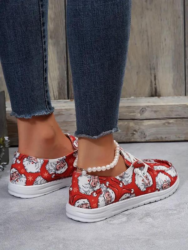 Women's Cartoon Santa Claus Print Lace Up Low Top Sneakers, Casual Comfortable Sports Shoes for Outdoor, Female All-match Round Toe Shoes for Daily Wear