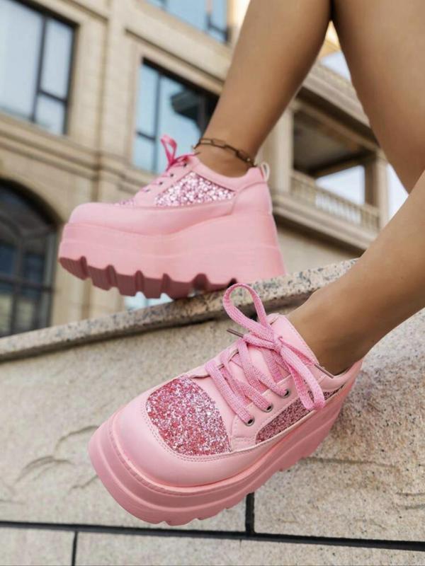 Women's Fashionable Contrast Sequin Decor Lace Up Platform Shoes, Punk Style Wedge Shoes for Daily Life, Trendy All-match Y2k Flatform Shoes for Party