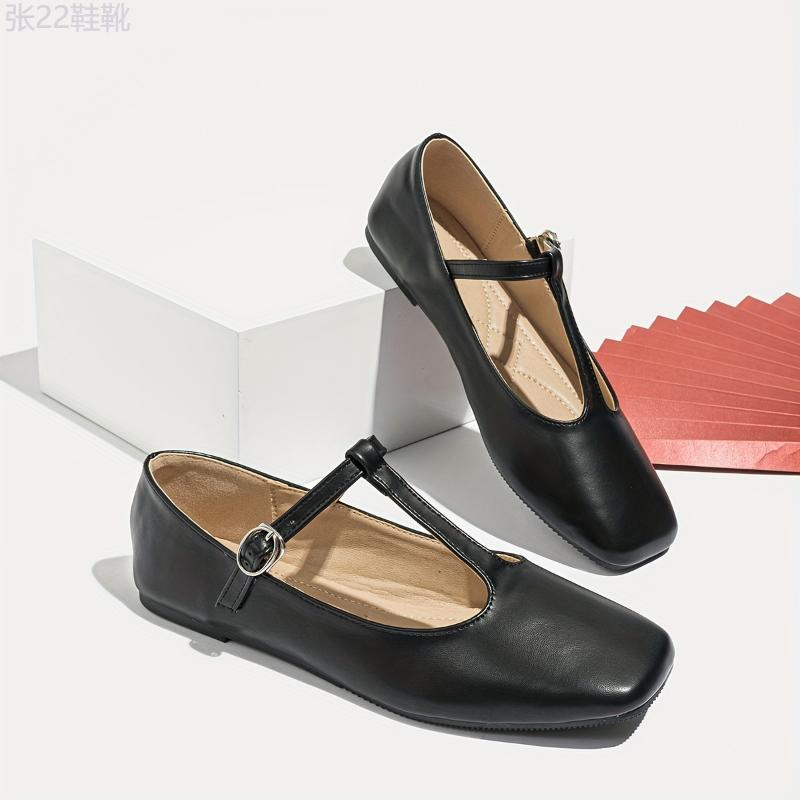 Chic Black Mary Jane Flats for Women - Square Toe, Soft Sole Casual Shoes with T-Strap Design, Versatile for All Seasons Girl Footwear Walking Shoes Flatform Running Comfort Running Comfort