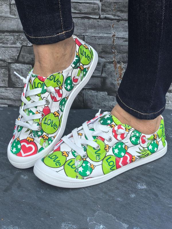 Women's Fashionable Cartoon Print Lace Up Low Top Sneakers, Casual Comfortable Breathable Sports Shoes, Female All-match Round Toe Shoes for Daily Wear