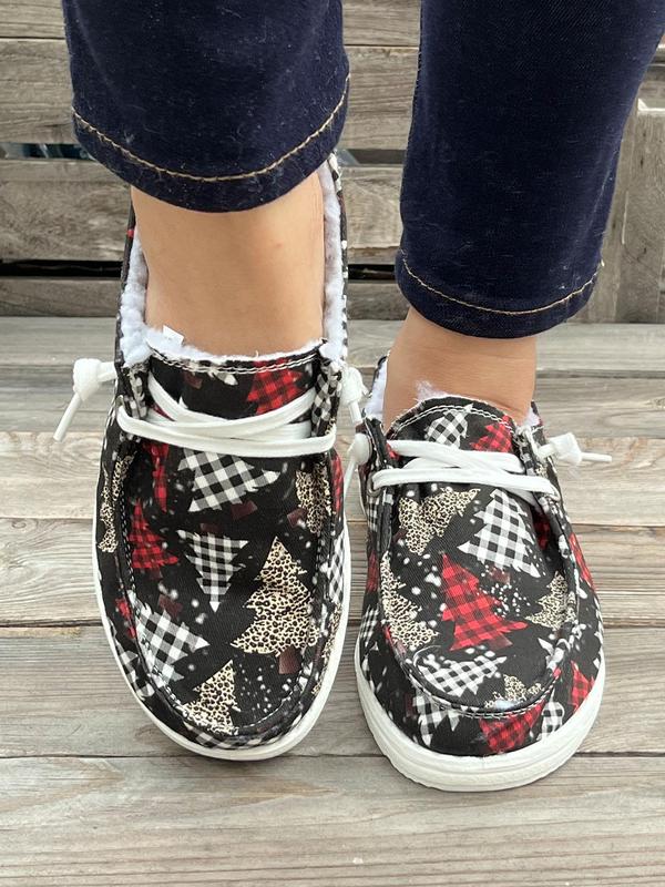 Women's Fashionable Plaid & Tree Print Lace Up Low Top Sneakers, Casual Comfortable Warm Sports Running Shoes for Fall & Winter, Female All-match Round Toe Shoes for Daily Wear