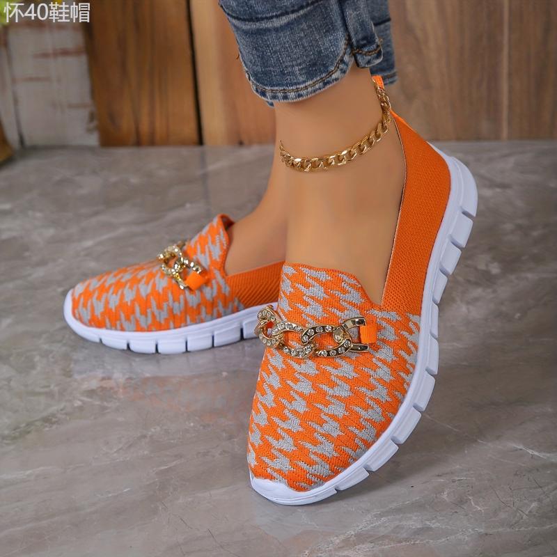 Women's Houndstooth Sock Shoes, Chain Decor Knitted Low Top Slip On Sneakers, Casual Breathable Walking Shoes Footwear Girl