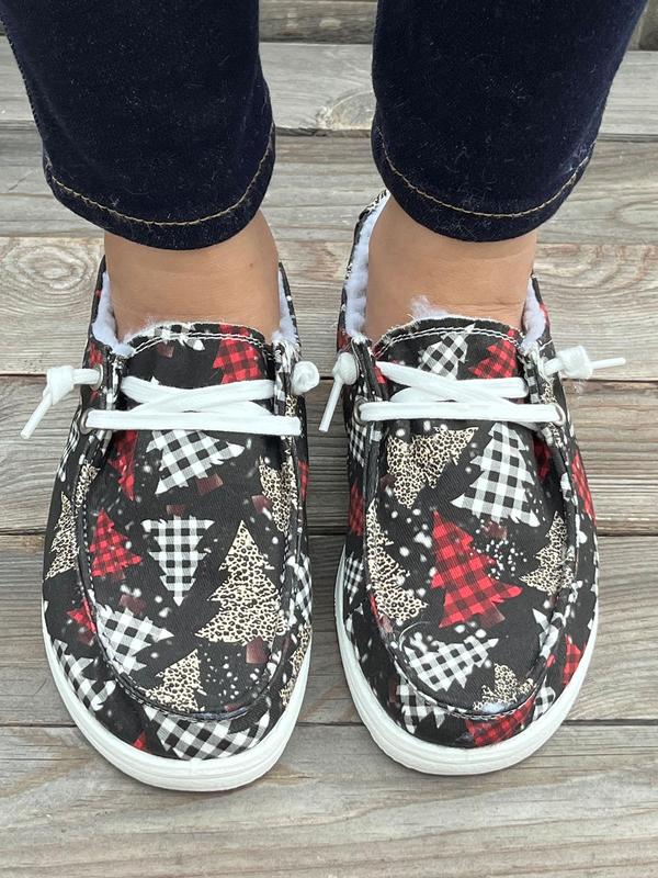 Women's Fashionable Plaid & Tree Print Lace Up Low Top Sneakers, Casual Comfortable Warm Sports Running Shoes for Fall & Winter, Female All-match Round Toe Shoes for Daily Wear