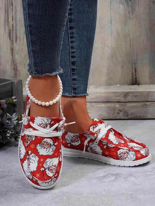 Women's Cartoon Santa Claus Print Lace Up Low Top Sneakers, Casual Comfortable Sports Shoes for Outdoor, Female All-match Round Toe Shoes for Daily Wear