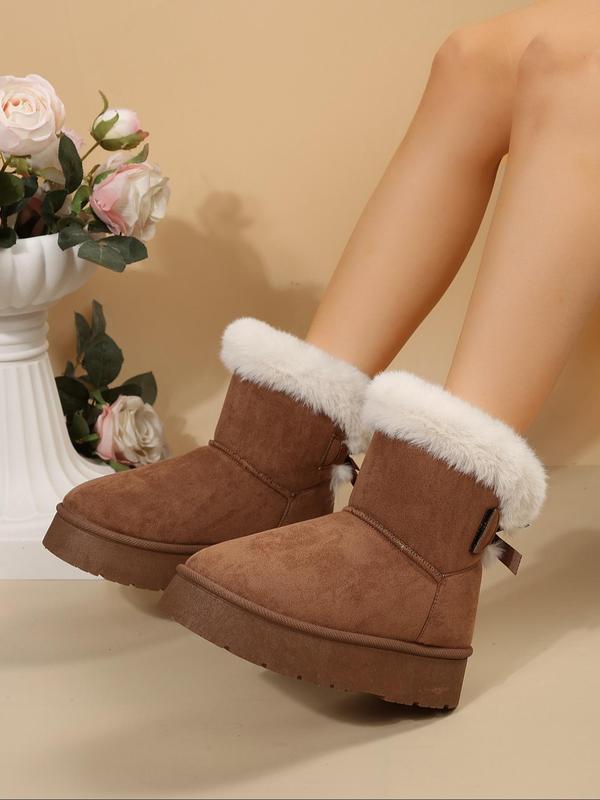 Women's Solid Color Bow Decorated Ankle Boots, Casual Warm Comfortable Thick Sole Snow Boots for Winter, Fluffy Lined Boots for Indoor & Outdoor