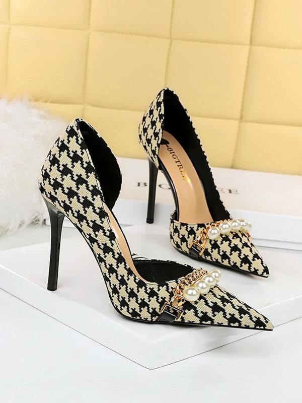 Women's Fashionable Houndstooth Pattern Pointed Toe High Heel Shoes, Elegant Slip on Shoes for Party, Daily Clothing Decor for Women & Girls