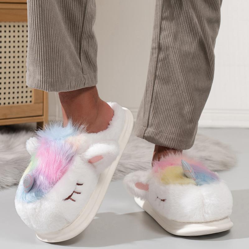 Creative cute girly heart colorful unicorn furry shoes soft sole non-slip women's winter fashion home