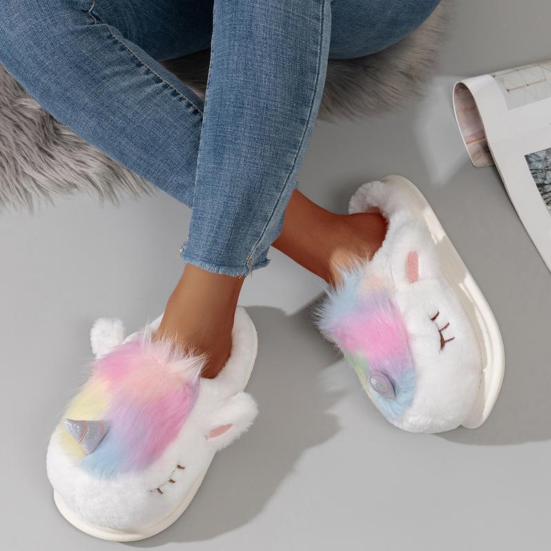 Creative cute girly heart colorful unicorn furry shoes soft sole non-slip women's winter fashion home