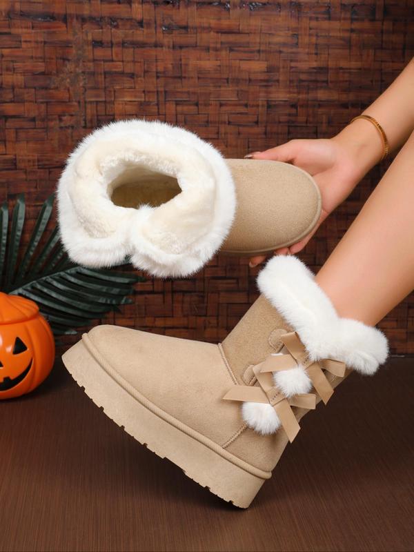 Women's Bow Decorated Plush Snow Boots, Casual Warm Fluffy Ankle Boots for Winter, Female All-match Round Toe Shoes for Daily Wear