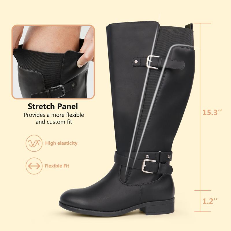 Women's Extra Wide Calf Low Heel Ankle Strap Sleek Design Knee High Riding Boots