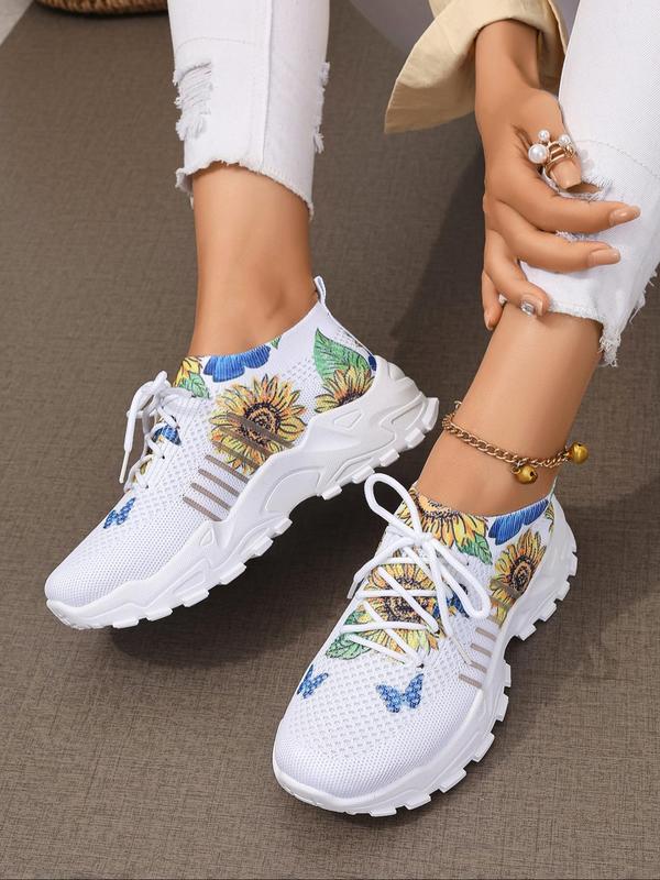 Women's Fashionable Sunflower Pattern Lace Up Low Top Sneakers, Casual Comfortable Breathable Sports Running Shoes, All-match Basic Shoes for Daily Wear