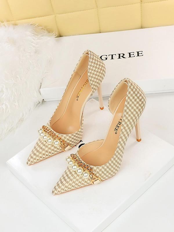 Women's Fashionable Houndstooth Pattern Pointed Toe High Heel Shoes, Elegant Slip on Shoes for Party, Daily Clothing Decor for Women & Girls