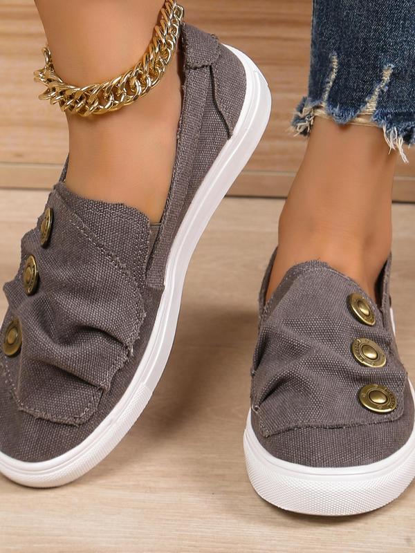 Women's Fashion Plain Color Lace Up Low Top Flats Shoes, Casual Comfort Buttons Decor Round Toe Lazy Walking Shoes for Daily Wear, Female All-match Basic Shoes